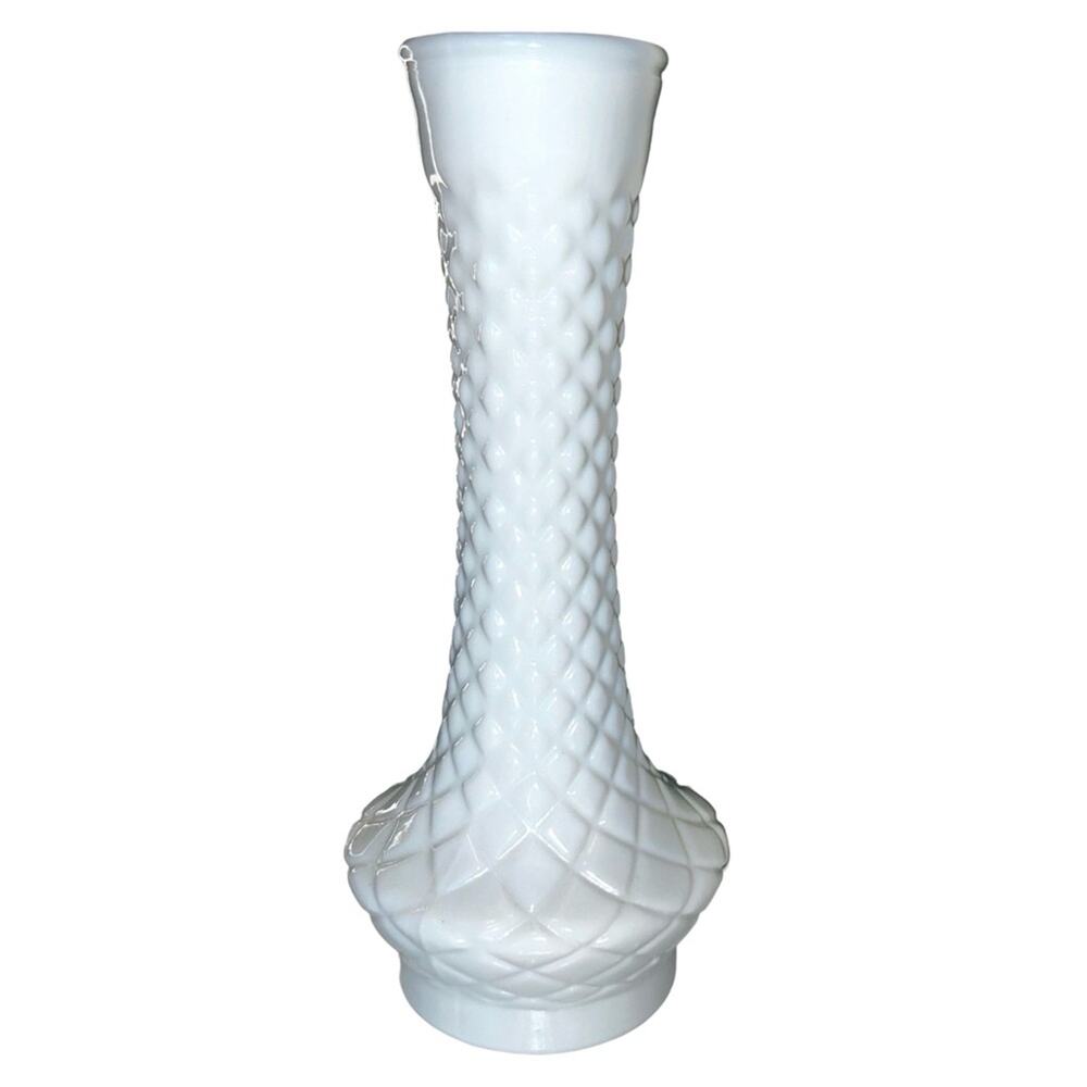 Randall Vintage Milk Glass Diamond Quilted Bud Vase‎ 60s Collectible Glassware